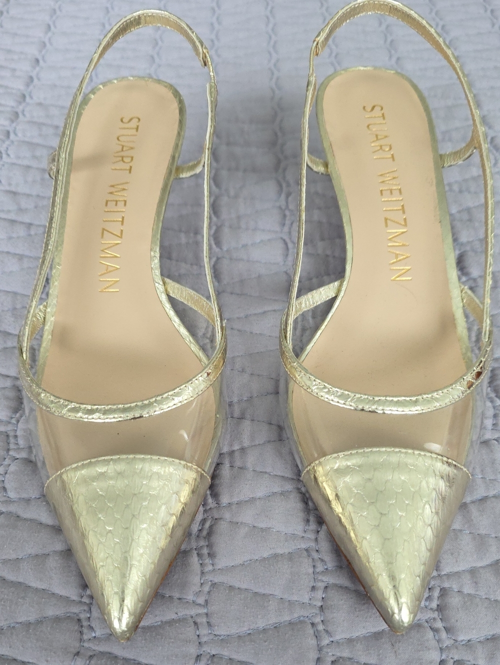 Stuart Weitzman Gold Metallic Pointed Toe Slingback Mules